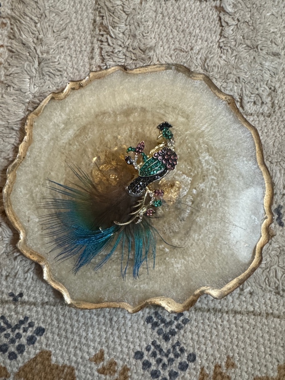 NWOT Peacock Feather Costume Brooch with Green and Blue Accents